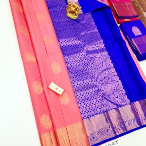 Trendy Design Pure Kanjivaram Fancy Silk Saree Peach Color w/ Blouse