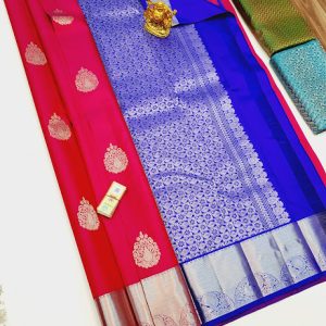 White Zari Work Pure Kanjivaram Fancy Silk Saree Pink Color w/ Blouse