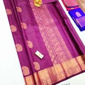 Trendy Mango Design Pure Kanjivaram Fancy Silk Saree Purple Color w/ Blouse
