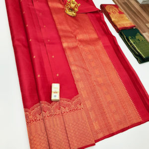 Trendy Design Pure Kanjivaram Fancy Silk Saree Red Color w/ Blouse