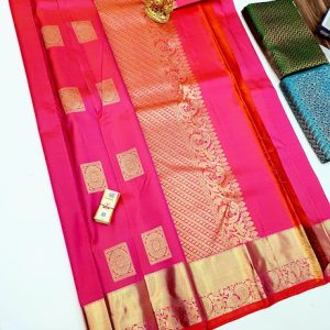 Trendy Box Design Pure Kanjivaram Fancy Silk Saree Rose Color w/ Blouse
