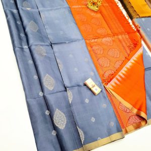 New Trendy Design Pure Soft Silk Saree Grey w/ Orange Color