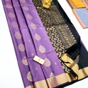 New Design Pure Soft Silk Saree Violet w/ Black Color
