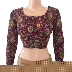 Three Forth Sleeve Kalamkari Printed Party Blouse Kumkum Color