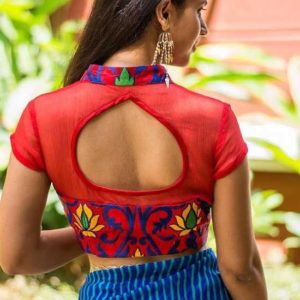 High Back Neck and Embroidery Design Blouse Red Color