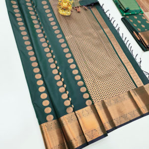 New Design High Fancy Kanjivaram Silk Saree Mix Copper Green Color w/ Blouse