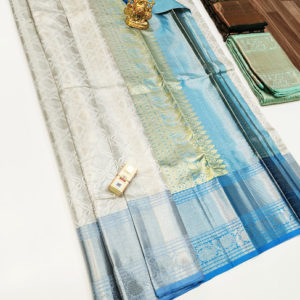 Kanjivaram Pure Wedding Silk Saree Gray White Color w/ Blouse