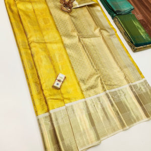 New Design Kanjivaram Pure Wedding Silk Saree Lemon Yellow Color w/ Blouse