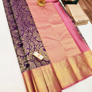 Trendy Mango Design Kanjivaram Pure Wedding Silk Saree Violet Color w/ Blouse