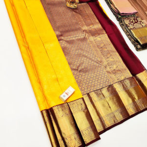 Trendy Design Kanjivaram Pure Wedding Silk Saree Yellow Color w/ Blouse