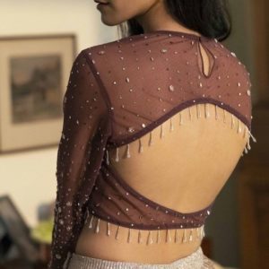 Eye Neck and Pearls Work Party Blouse Design Brown Color