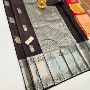 New Design Pure Kanjivaram Fancy Silk Saree Dark Brown Color w/ Blouse