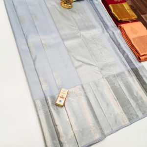 Pure Kanjivaram Fancy Silk Saree Light Gray Color w/ Blouse