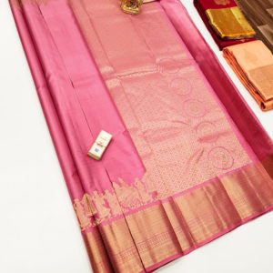 Trendy Design Pure Kanjivaram Fancy Silk Saree Peach Color w/ Blouse