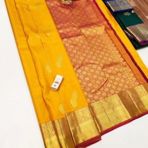 Trendy Design Pure Kanjivaram Fancy Silk Saree Yellow Color w/ Blouse