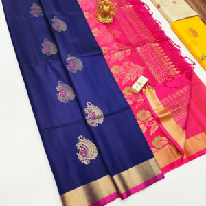 Trendy and Latest Design Pure Soft Silk Saree Blue Color w/ Blouse