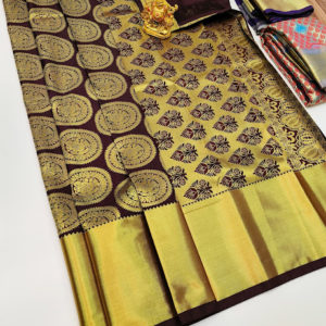 Kanjivaram Semi Silk Saree Dark Brown Color w/ Blouse