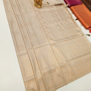 Unique Design Kanjivaram Semi Silk Saree Cream White Color w/ Blouse