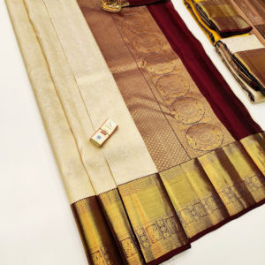 Trending Kanjivaram Pure Wedding Silk Saree Off White Color w/ Blouse