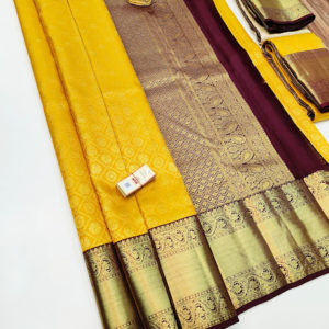 Latest Kanjivaram Pure Wedding Silk Saree Yellow Color w/ Blouse