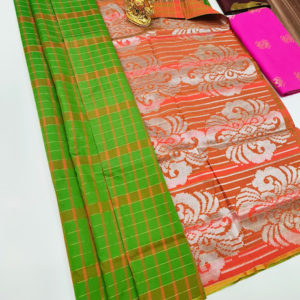 Checks Box Design Plain Mphoss Saree Art Silk Parrot Green Color w/ Blouse
