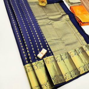 Pure Kanjivaram Fancy Silk Saree Chilli Red, Blue Color w/ Blouse