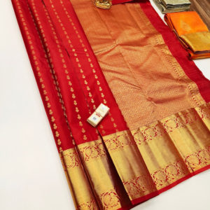 Pure Kanjivaram Fancy Silk Saree Chilli Red, Blue Color w/ Blouse