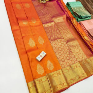 New Trendy Design Pure Kanjivaram Fancy Silk Saree Mango Yellow Color w/ Blouse