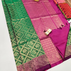 New Annam and Elephant Design Pure Soft Silks Saree Green, Ink Blue Color w/ Blouse