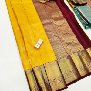 Trendy Mango Design Kanjivaram Pure Wedding Silk Saree Yellow Color w/ Blouse