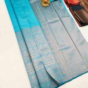 Trendy Design High Fancy Kanjivaram Silk Saree Mix Rama Blue Color w/ Blouse