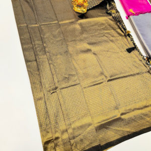 Beautiful Design Kanjivaram Semi Silk Saree Gold Zari and Black Color w/ Blue