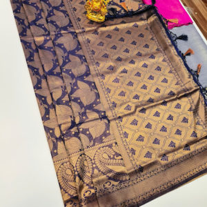 New Design Kanjivaram Semi Silk Saree Gold Zari and Dark Blue Color w/ Blue