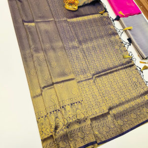 Kanjivaram Semi Silk Saree Gold Zari and Ink Blue Color w/ Blue