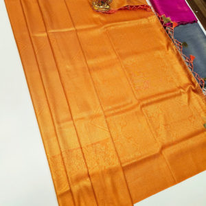Unique Design Kanjivaram Semi Silk Saree Gold Zari and Orange Color w/ Blue