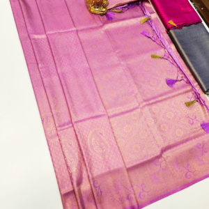 Latest Design Kanjivaram Semi Silk Saree Gold Zari and Pink Color w/ Blue
