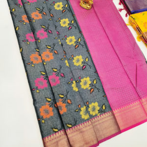 Gray and Pink Color Flower Design Kanjivaram Semi Silk Saree w/ Blouse