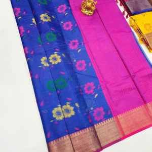 Ink Blue and Pink Color Flower Design Kanjivaram Semi Silk Saree w/ Blouse