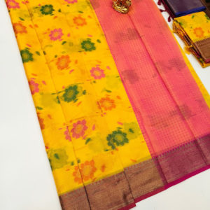 Flower Design Kanjivaram Semi Silk Saree Lemon Yellow Color w/ Blouse