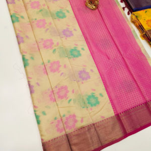 Off White and Pink Color Flower Design Kanjivaram Semi Silk Saree w/ Blouse