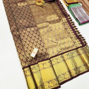 Beautiful Design Kanjivaram Pure Wedding Silk Saree Brown Color w/ Blouse