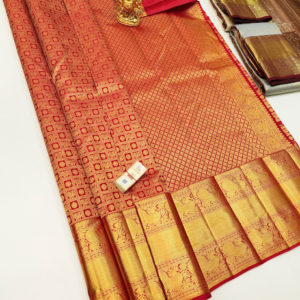 Latest Design Kanjivaram Pure Wedding Silk Saree Chilli Red Color w/ Blouse