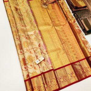 Latest Design Kanjivaram Pure Wedding Silk Saree Cream White Color w/ Blouse