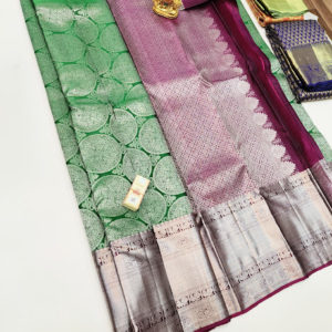 Trendy White Zari Work Kanjivaram Pure Wedding Silk Saree Green Color w/ Blouse