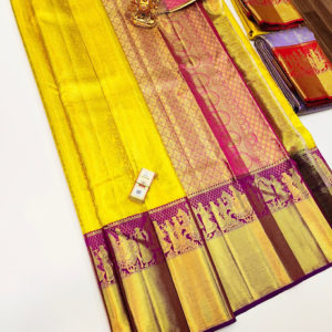New Design Kanjivaram Pure Wedding Silk Saree Lemon Yellow Color w/ Blouse
