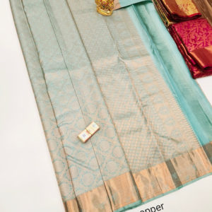 Trendy New Design Kanjivaram Pure Wedding Silk Saree Light Blue Color w/ Blouse