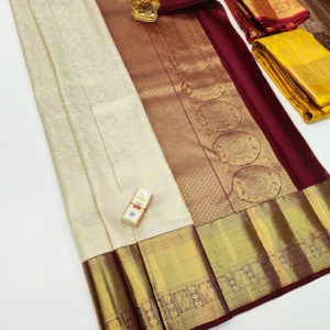 New Trendy Design Kanjivaram Pure Wedding Silk Saree Off White Color w/ Blouse