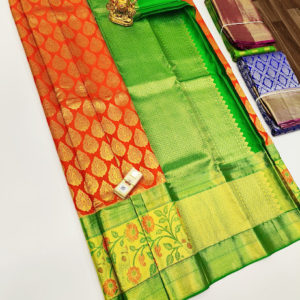 Kanjivaram Pure Wedding Silk Saree Orange Color w/ Blouse