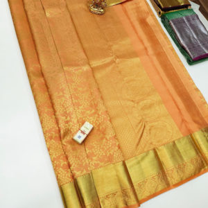 Beautiful Design Kanjivaram Pure Wedding Silk Saree Orange Color w/ Blouse