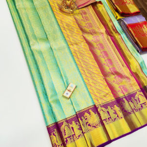 Beautiful Design Kanjivaram Pure Wedding Silk Saree Teal Green Color w/ Blouse